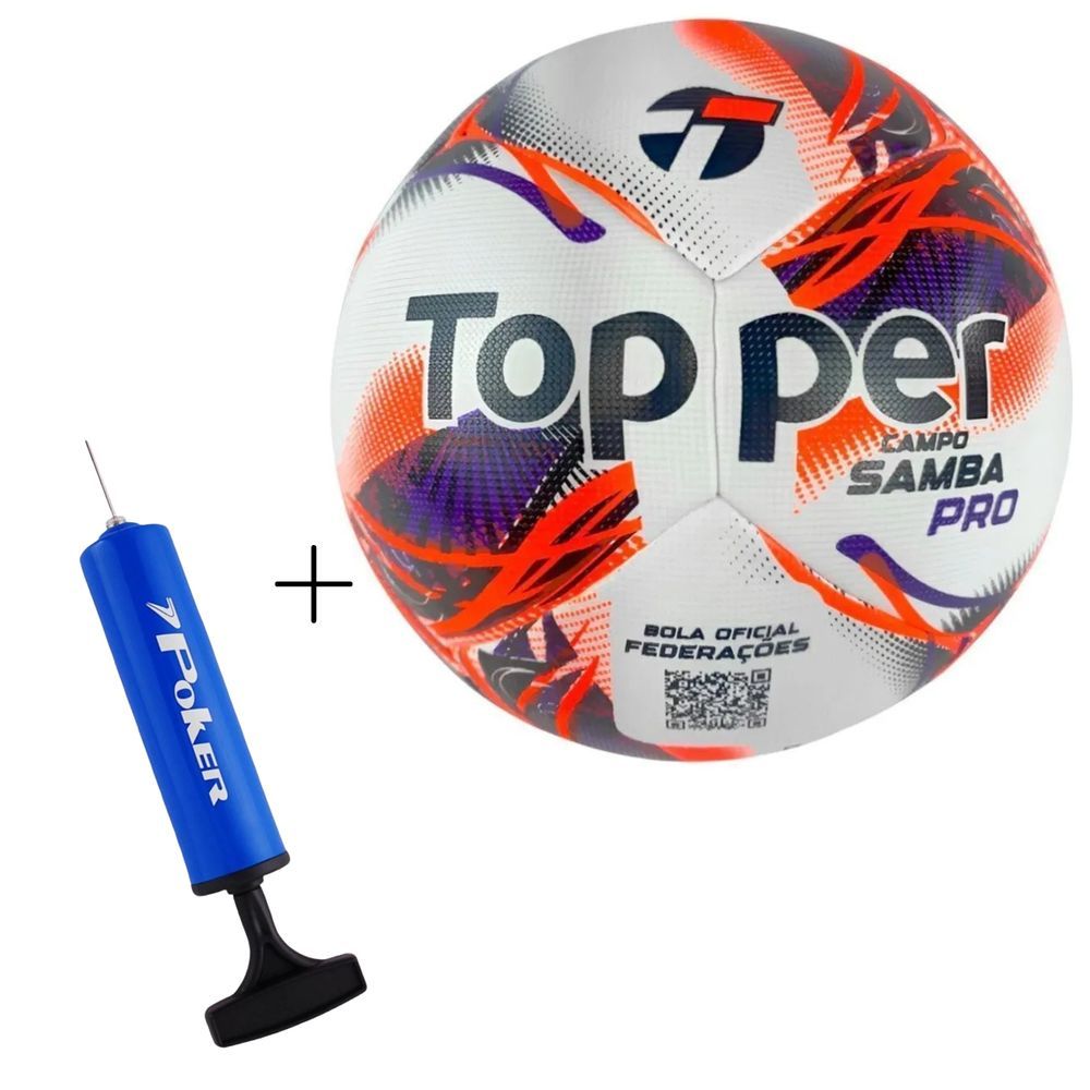 Kit Bola de Futebol Campo Samba Velocity Pro 2026 com Tecnologia Thermofusion Laranja e Azul Topper com Bomba Poker