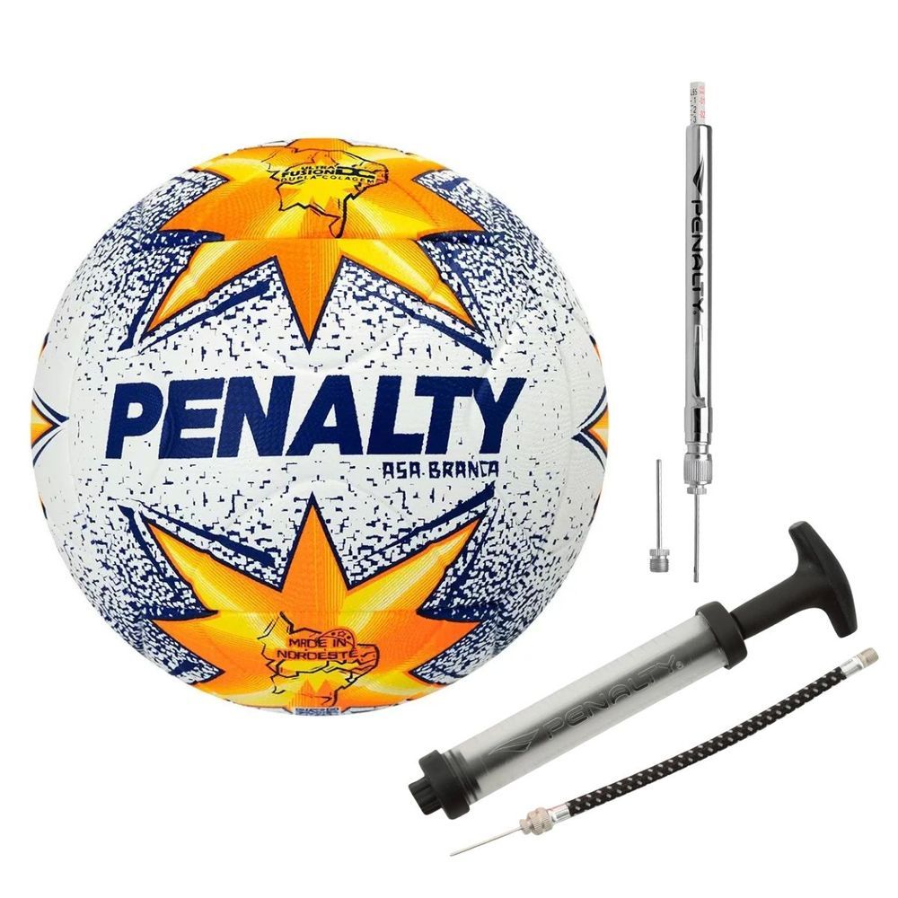 Kit Bola de Campo Penalty Asa Branca R2 com Bomba de Ar e Calibrador Caneta Azul Cinza Branco