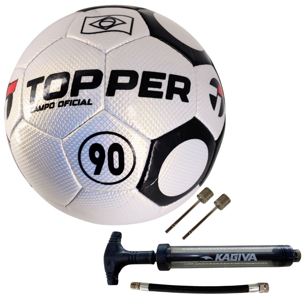Kit Bola de Futebol Campo Oficial 90 Costurada à Mão com Bomba de Ar Dupla Ação Branco e Preto Topper