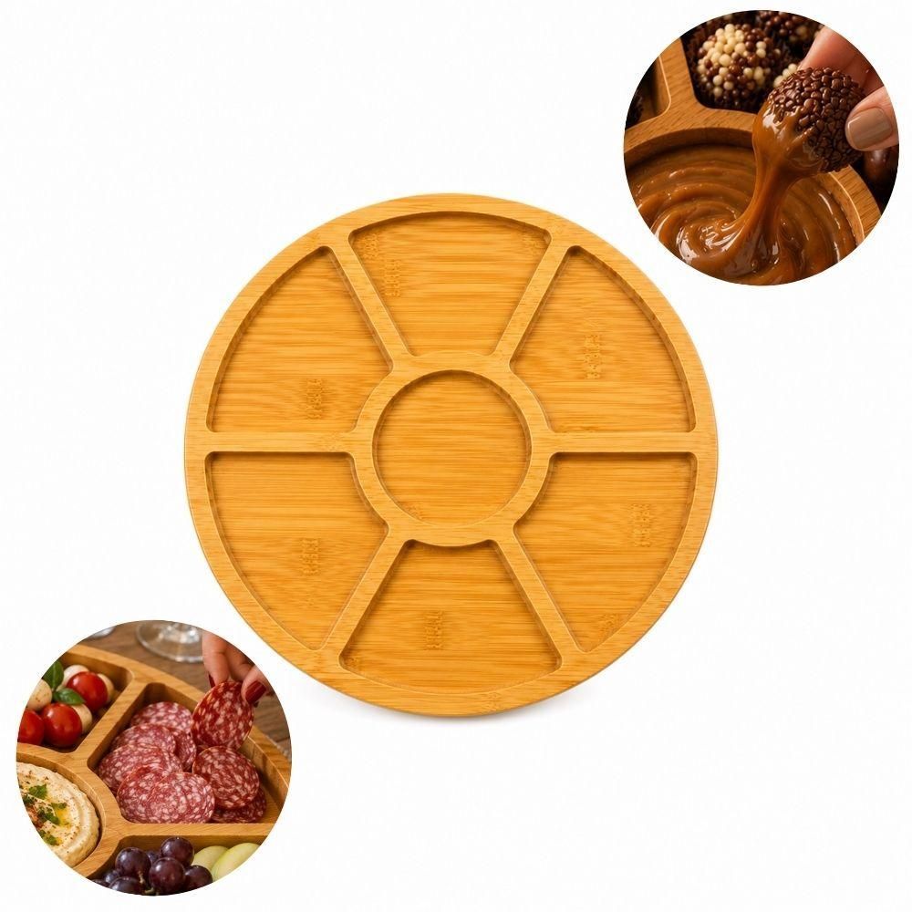 Petisqueira Redonda 7 Divisórias MDF Premium Madeira com Corte a Laser para Aperitivos Frios e Churrasco 29cm