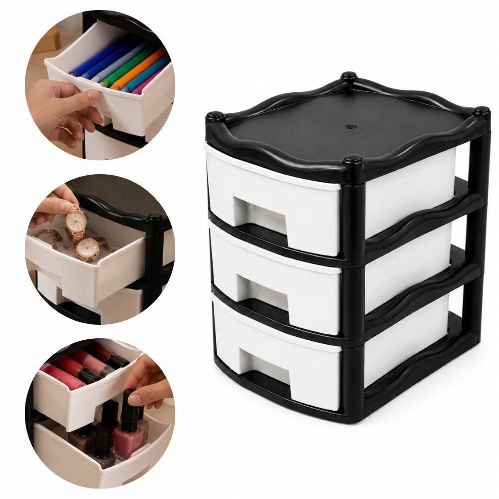 Gaveteiro de Mesa Plástico com 3 Gavetas Empilhável Multiuso para Escritório e Ateliê Preto