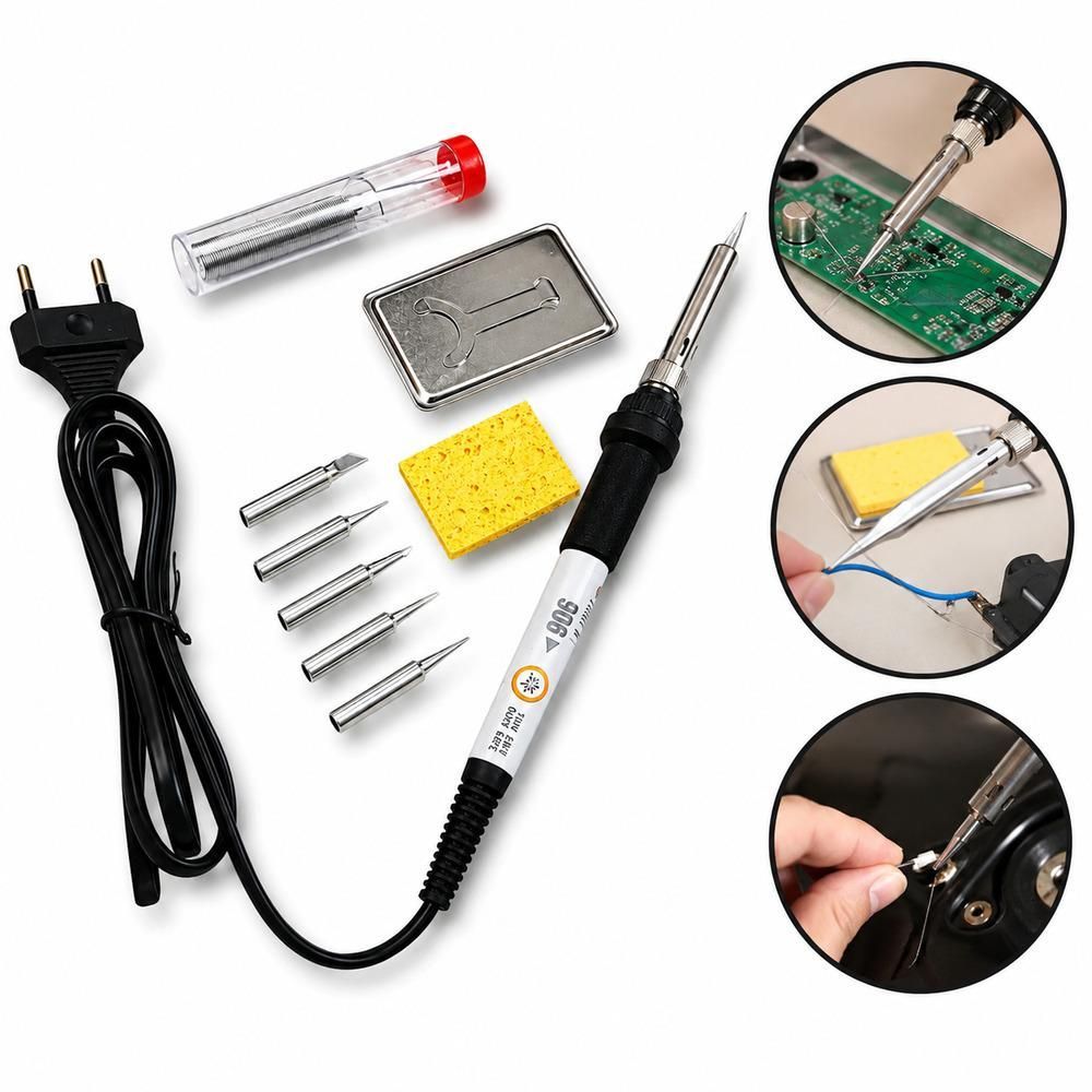 Ferro de Solda Profissional Pirográfo com Controle de Temperatura 60W 110V 6 Pontas Suporte Estanho e Esponja