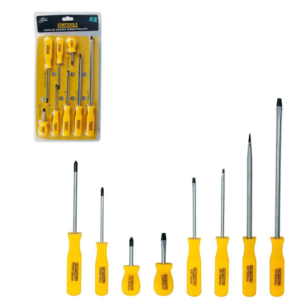Jogo de Chaves AR0854 com 8 Peças Fenda e Phillips Cabo Ergonômico e Hastes em Aço Cr-V Amarelo Startools