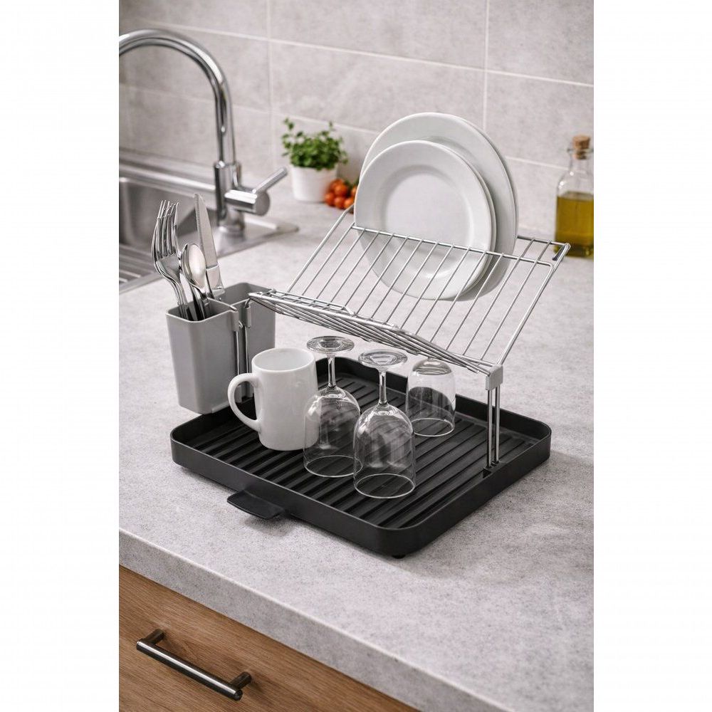 Escorredor de Pratos TRC0954 com Porta Talheres Inox e Plástico ABS Design Compacto para Cozinha Preto Top Rio Comercial