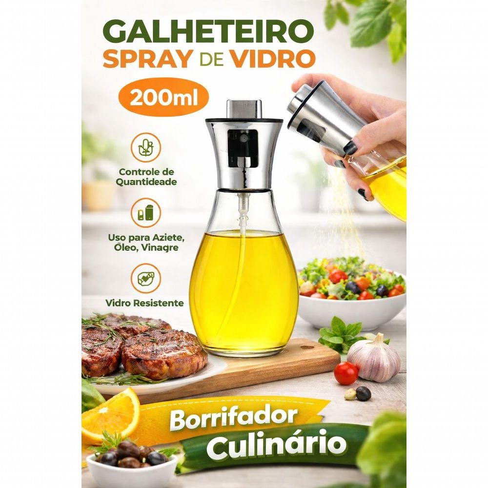 Galheteiro Spray 200ML Pulverizador para Azeite Óleo e Vinagre em Vidro Transparente Cozinha Top Rio Comercial
