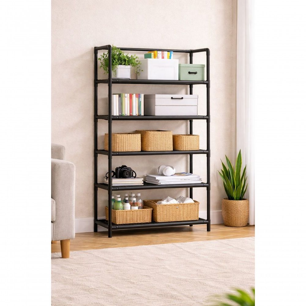 Sapateira Estante Multiuso 5 Prateleiras 56CM Madeira Maciça Preto Top Rio Comercial