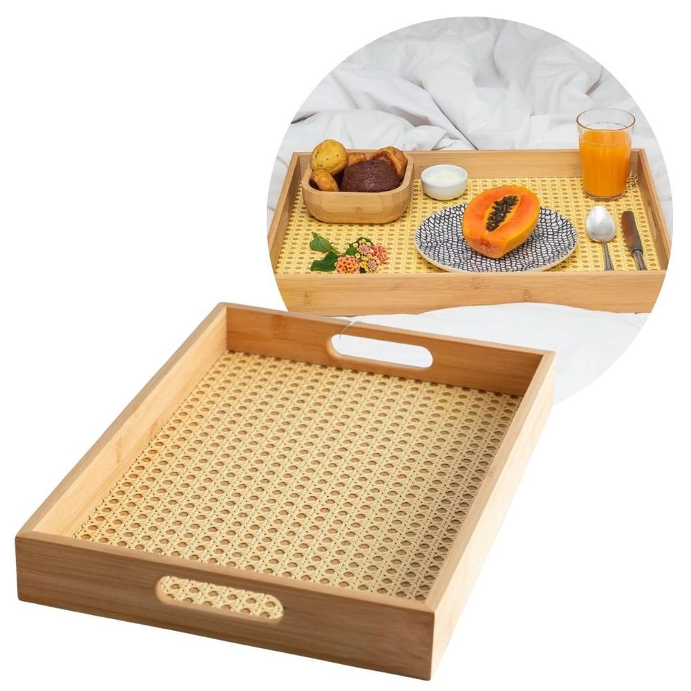 Bandeja Retangular Bambu Palha Trançada Premium Multiuso para Aparador Banheiro Bar Amadeirado Fratelli