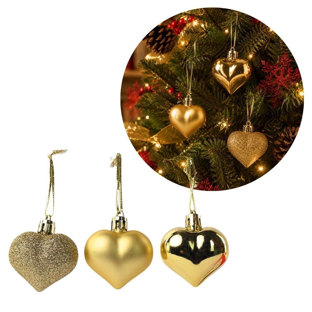 Enfeite Natalino para Árvore 3 Corações com Glitter Fosco e Brilho 4,5cm Kit com 3 Unidades Dourado Yangzi