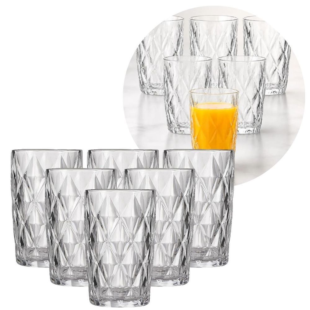 Conjunto 6 Copos Diamond Vidro Premium 400ml Textura Facetada para Bebidas Transparente Quality House