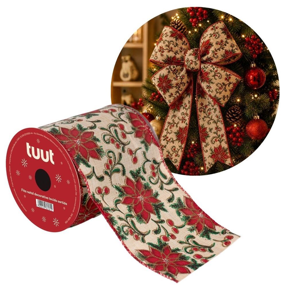 Fita Decorativa Bico de Papagaio Premium com Estampa Floral em Vermelho e Verde com Glitter Dourado 10cm X 9,14m Yangzi