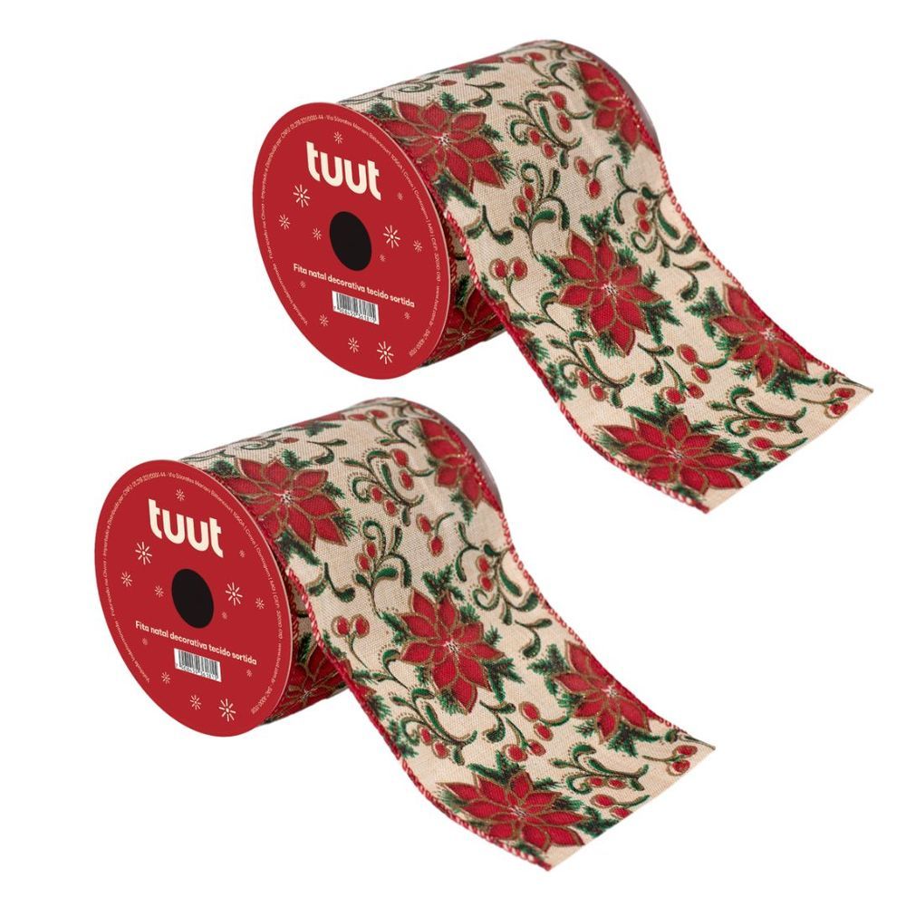 Fita Aramada Decorativa Bico de Papagaio Premium com Glitter Dourado Vermelho e Verde Kit com 2 Rolos Yangzi