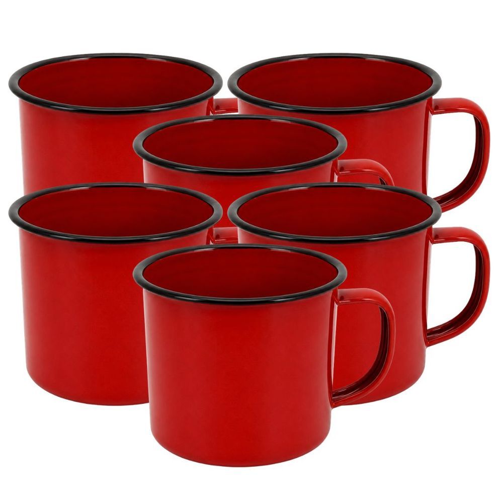Jogo de Canecas Branco 6 Peças 350ML Aço Esmaltado Superfície Lisa para Café e Decoração Vermelho Yangzi
