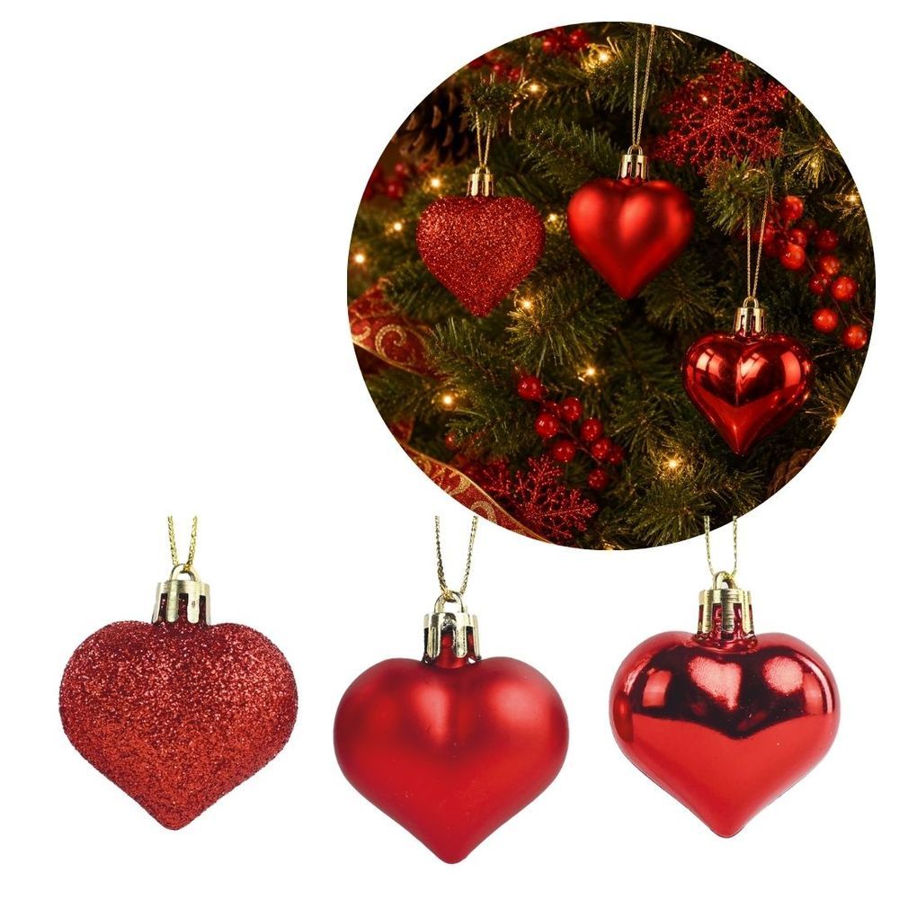 Enfeite Natalino para Árvore Kit 3 Pingentes Coração Vermelho com Acabamentos Glitter Fosco e Brilho 4,5cm Yangzi
