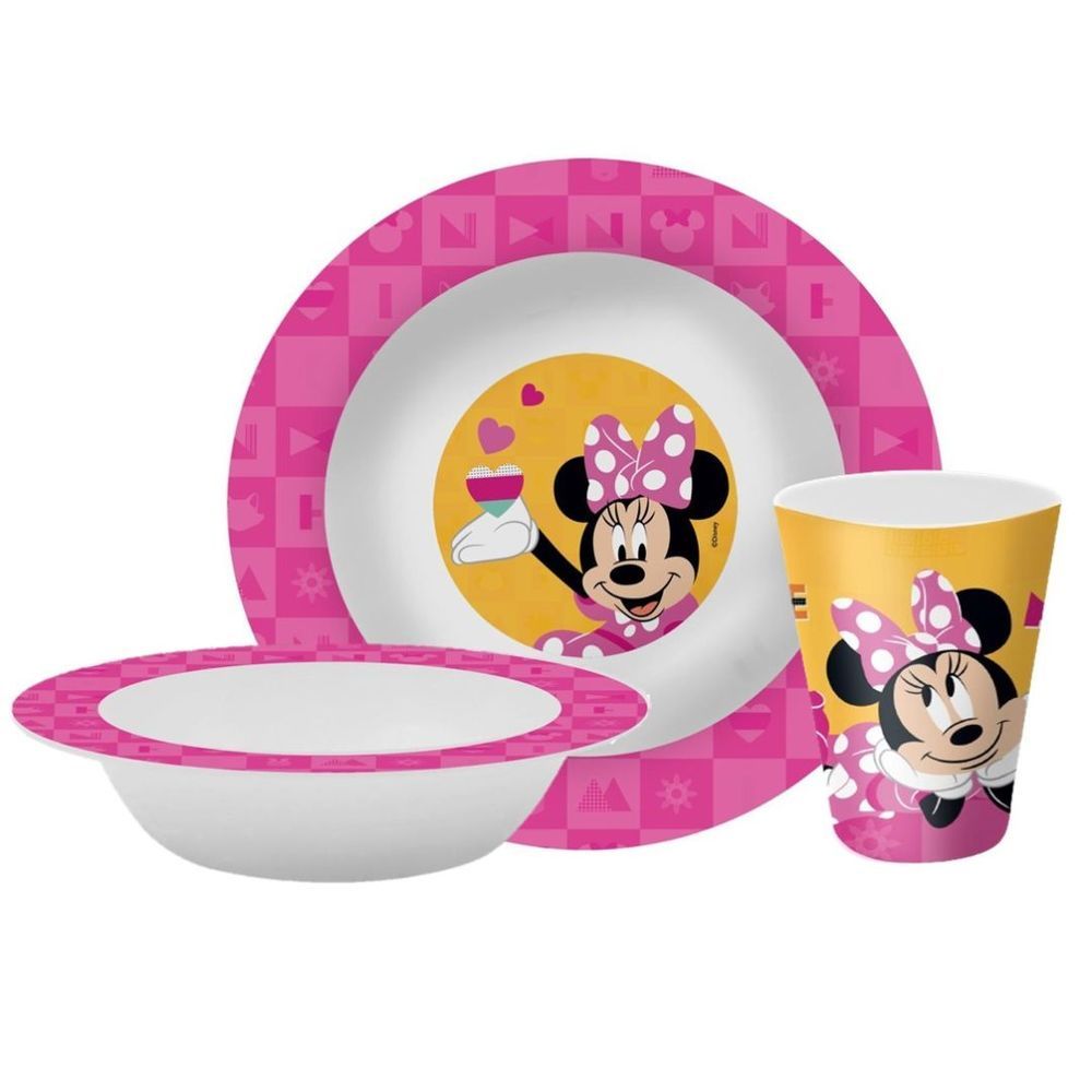 Kit Refeição Infantil Minnie Disney com Prato e Tigela e Copo em Melamina Roxo Yangzi