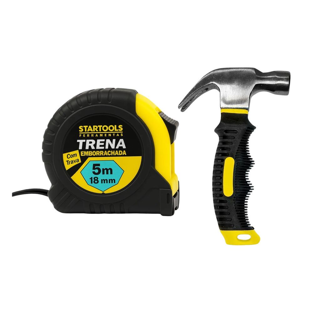 Kit de Ferramentas Martelo Unha 25mm + Trena 5m com Cabo em Fibra Emborrachada e Trava de Segurança 5m 18mm Bivolt