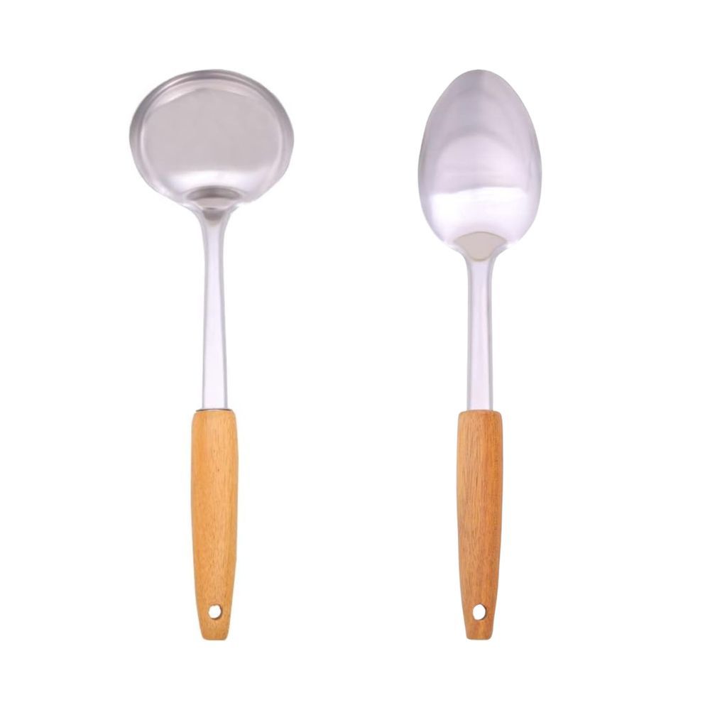 Kit Utensílios Concha e Colher Arroz Inox Cabo Acácia 2 Peças Design Elegante para Cozinha Amadeirado Mimo Style