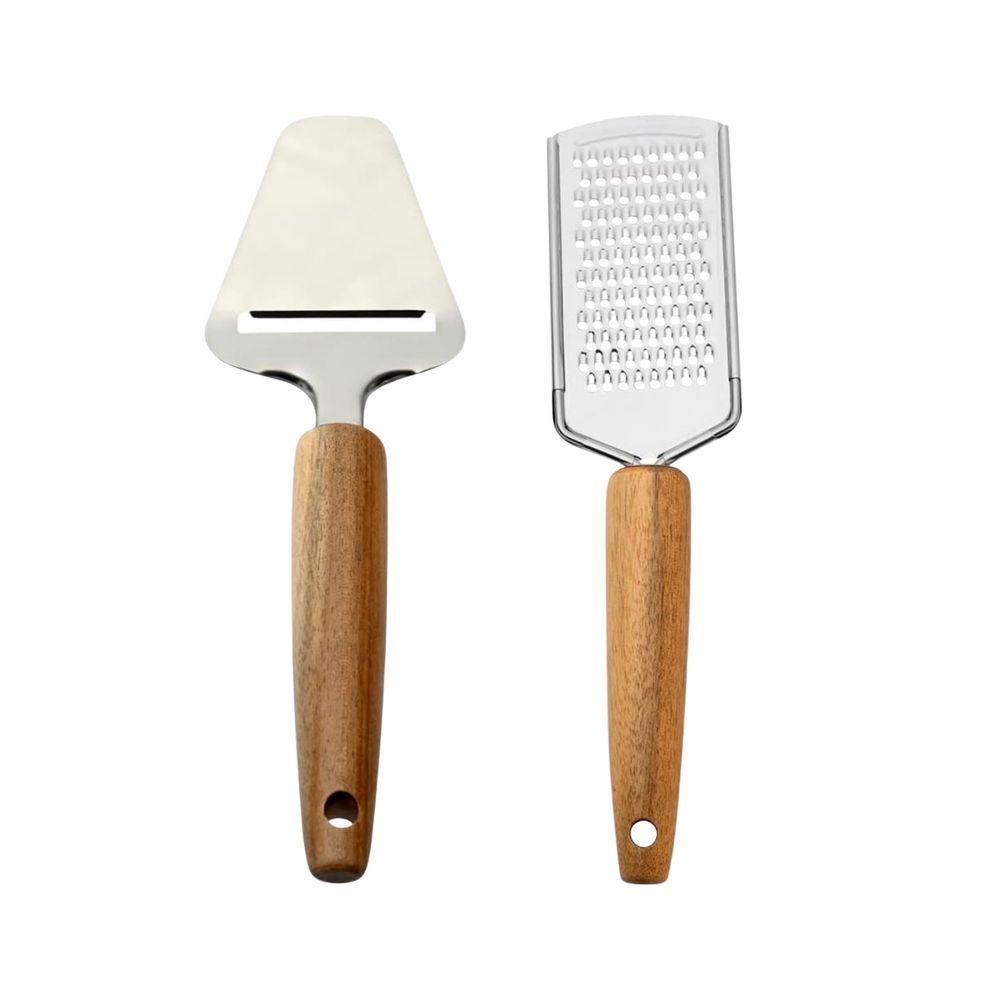Jogo Cortador e Ralador de Queijo Mimo para Servir e Preparar em Aço Inox e Madeira Acácia com Design Elegante