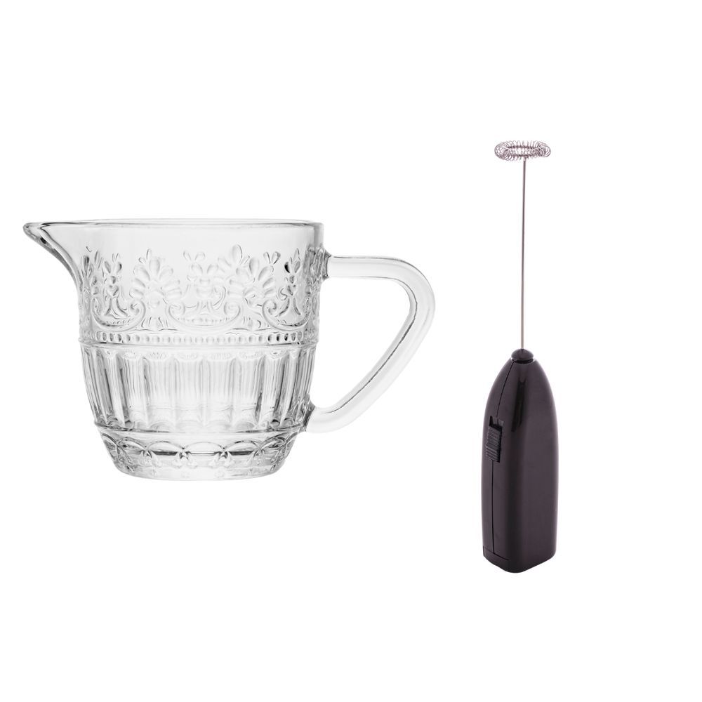 Kit Espumador Mixer Elétrico e Leiteira Cristal Mauve 230ml com Haste em Aço Inox para Bebidas Quentes e Frias Preto