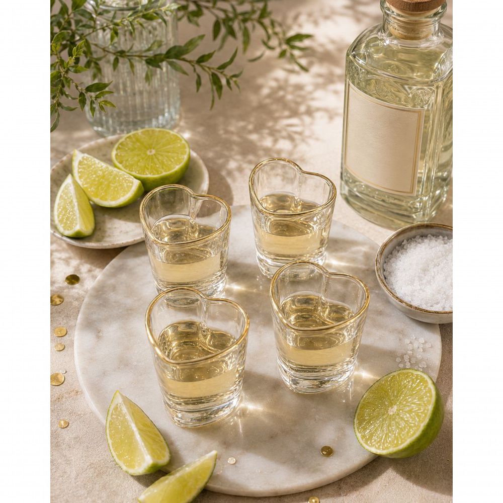Jogo de Copos Shot Coração 50ML com Borda Dourada em Vidro Resistente Ideal para Festas e Decoração Dourado Lyor
