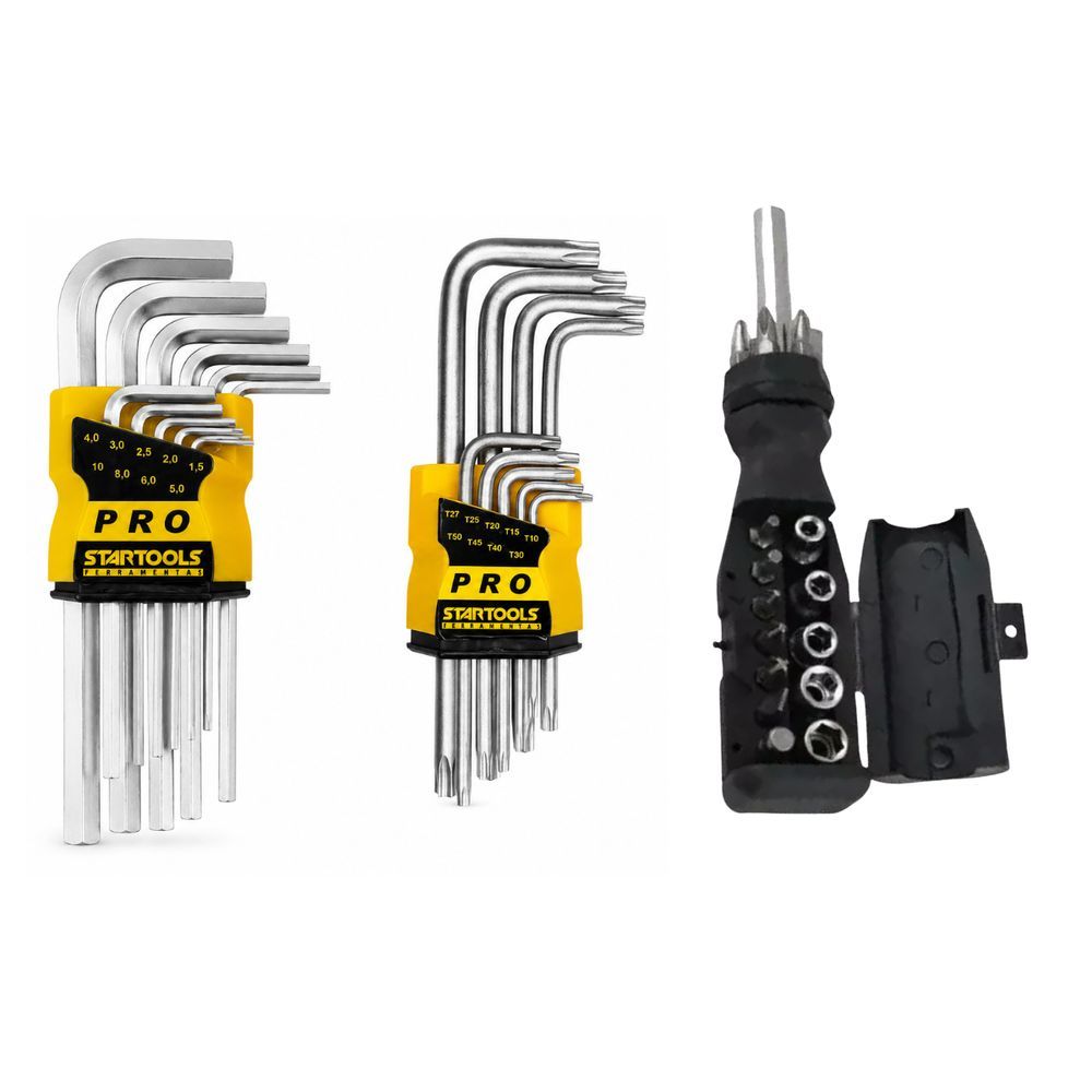 Kit de Ferramentas Kit Chaves Torx Allen e Intercambiáveis 36 Peças Completo com Bits Philips Soquetes Acabamento Prata