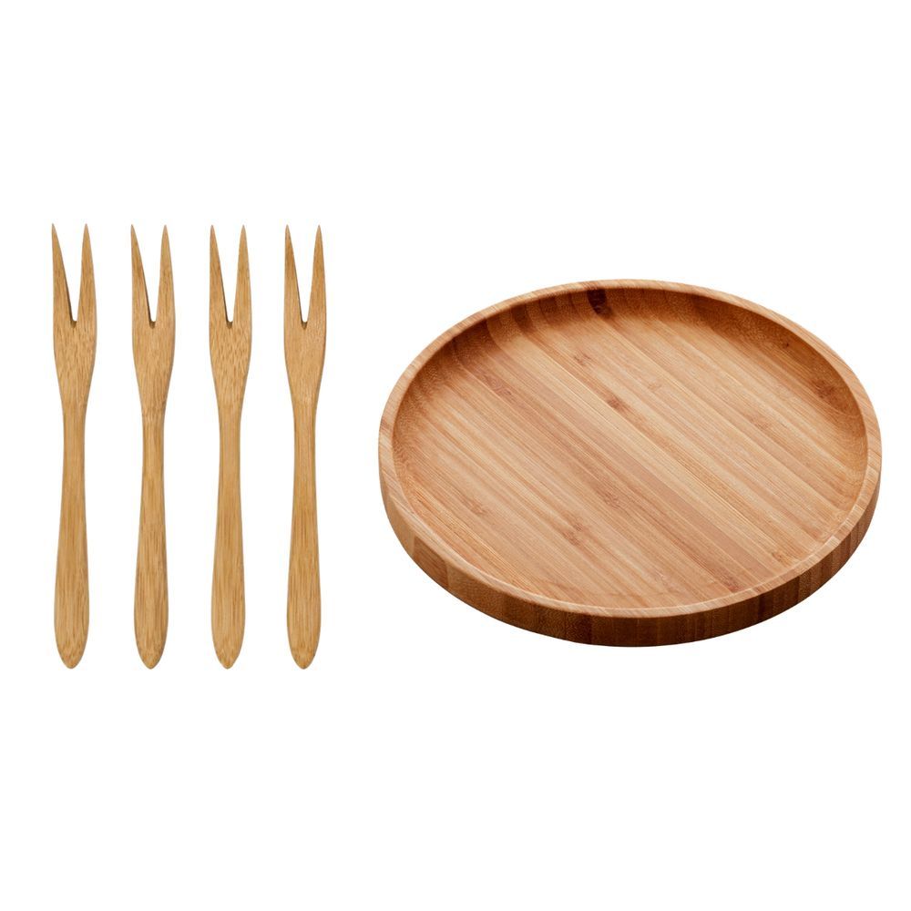 Kit Bandeja Redonda Bambu 20cm com 4 Garfos Ecokitchen Naturalmente Antibacteriano para Servir Petiscos e Aperitivos