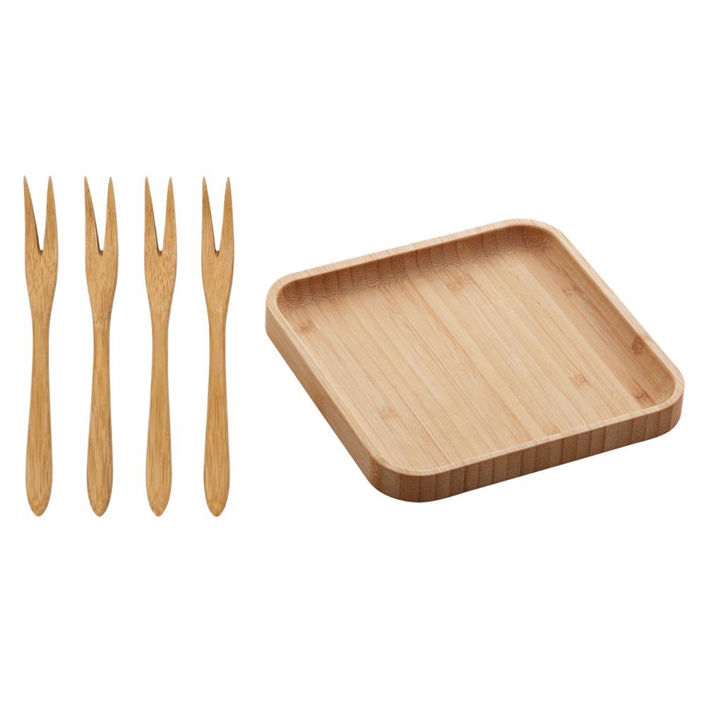 Bandeja e Garfos Bandeja Bambu Square 17cm para Petiscos em Bambu Natural Kit Sustentável e Antibacteriano para Mesa