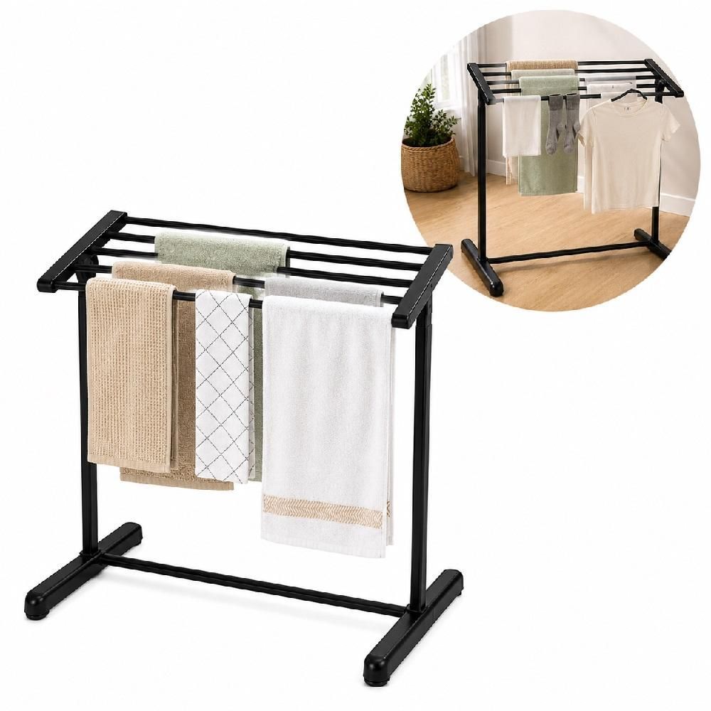 Varal de Chão Toalheiro Multiuso 5 Barras Aço Inoxidável Design Compacto para Lavanderia e Banheiro Preto Yeet