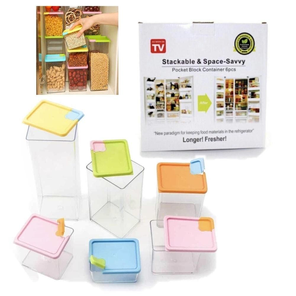 Jogo de 6 Potes Hermeticos Porta Mantimentos Alimentos Kit Organizadores Empilháveis Plástico Transparente para Cozinha