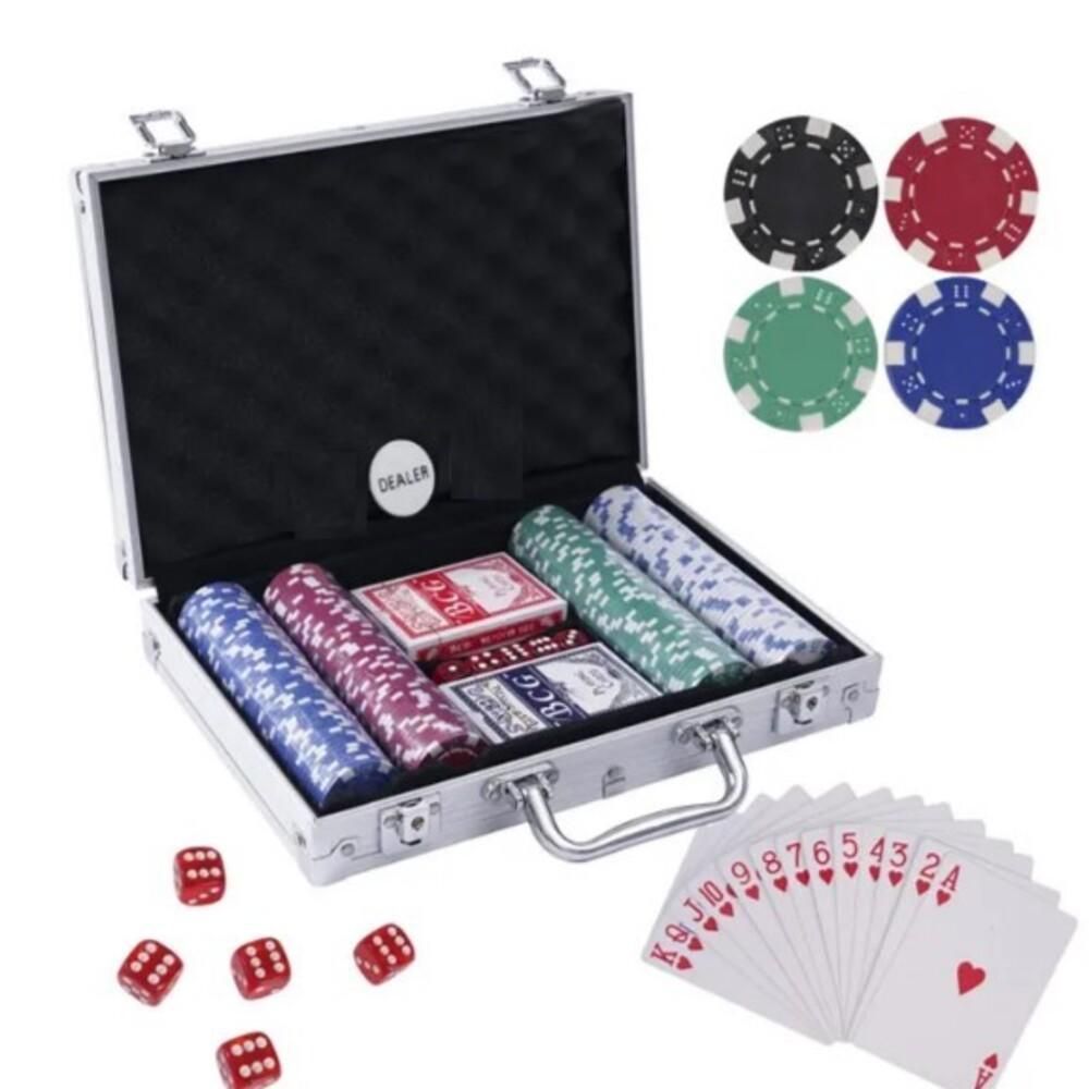 Kit Completo de Poker Maleta Alumínio Profissional 200 Fichas Baralho Dados Botão Dealer Preto Yeet
