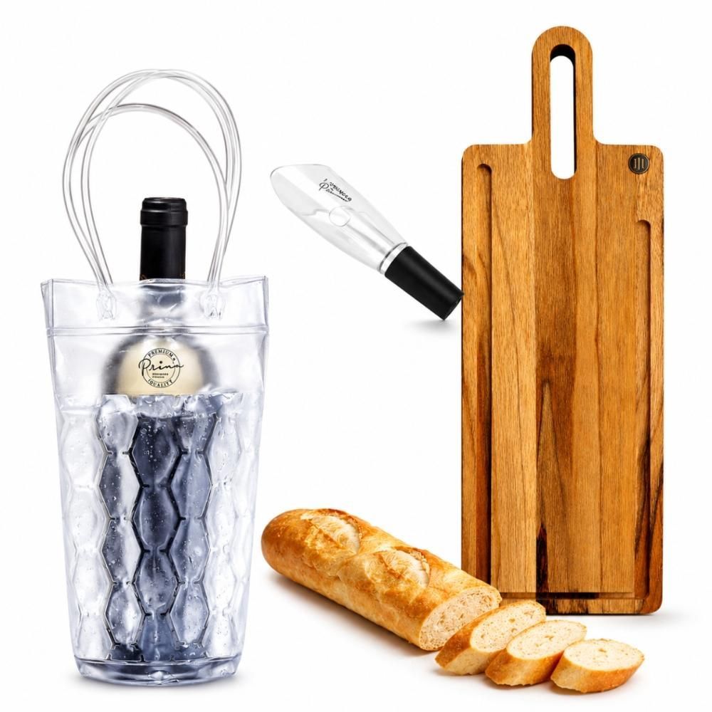 Kit Vinho KITV002 com Tábua de Corte e Cooler Bolsa Térmica em Madeira Teca e Transparente para Frios e Queijos Prana