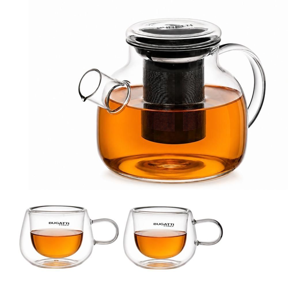 Jogo KITCHA01 para Chá com Bule de Vidro Borossilicato e Xícaras Infusor 1000ML 2 Xícaras 100ML Transparente Bugatti