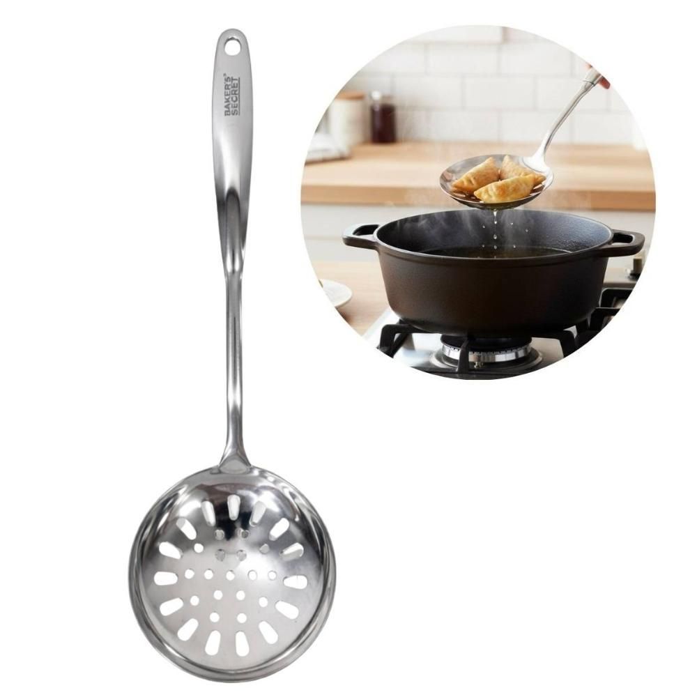 Escumadeira Premium BS40072 para Fritura Aço Inox Drenar Alimentos de Óleo e Água Ou Caldos Cozinha Prata Baker 37CM