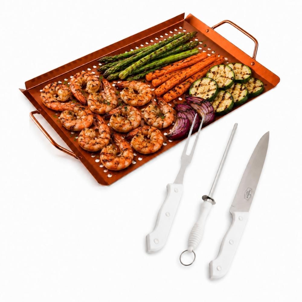 Kit Churrasco Grill&pizza Bandeja Grelha com Faca Garfo e Chaira Aço Inoxidável Prata Prana Gourmet KITGPC81GP02