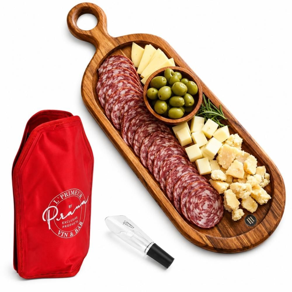 Kit Vinho KITV003 com Tábua de Madeira Teca e Cooler Térmico e Aerador para Degustação em Vermelho Prana Gourmet