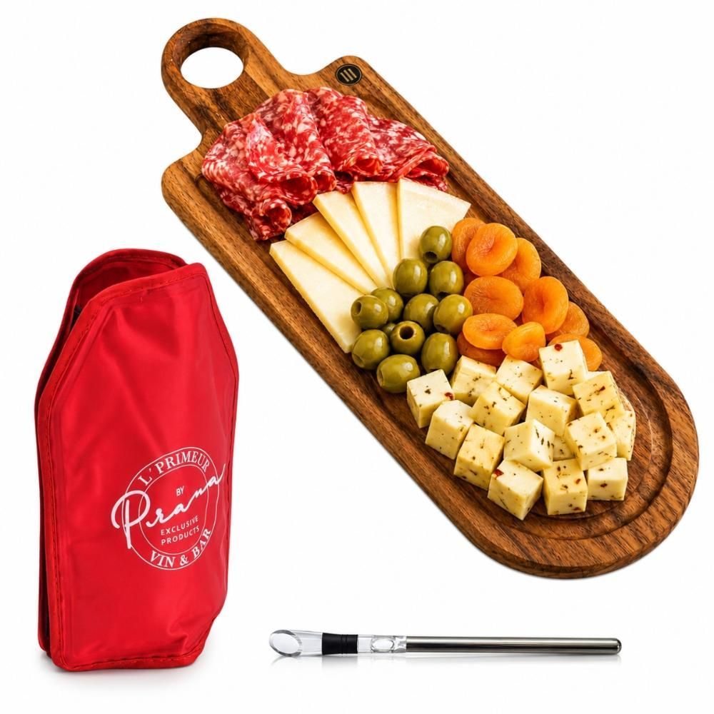 Kit Vinho KITV004 3 Peças em Madeira Teca com Aerador e Cooler Térmico para Degustação Vermelho Prana Gourmet