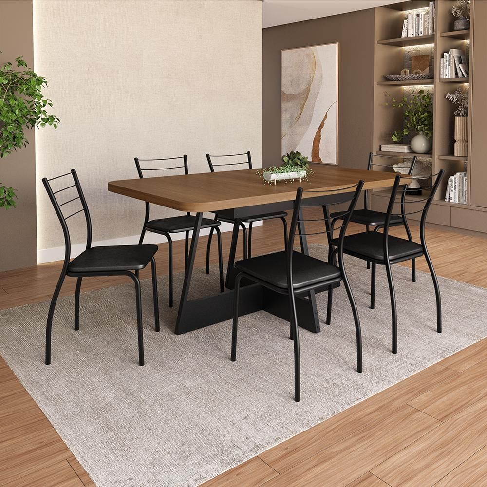 Conjunto Sala de Jantar Argo 6 Lugares Tampo em MDP com Cadeiras em Napa Preto 160CM Móveis Carraro