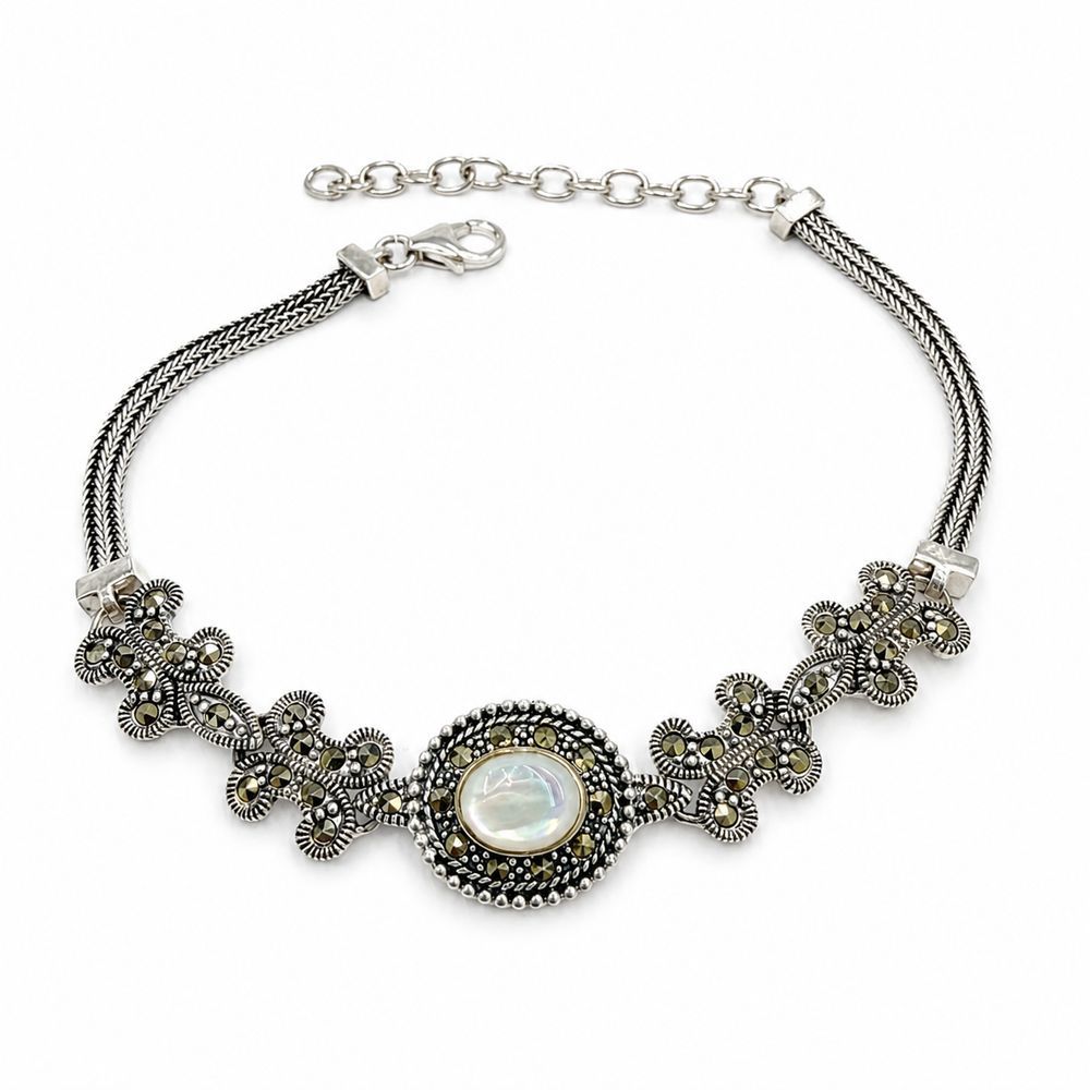 Pulseira Atraktiva Jóias Marcassitas e Madreperola Prata 925 19CM + 5CM Extensor Feminino