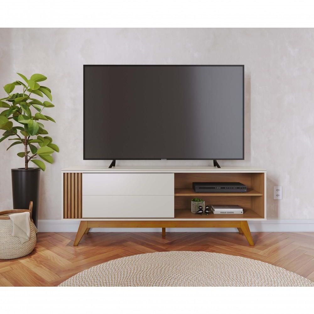 Bancada Otawa para TV Até 65" 160CM MDF-MDP com Porta Deslizante Ripada Off White Matte-freijó Colibri Móveis