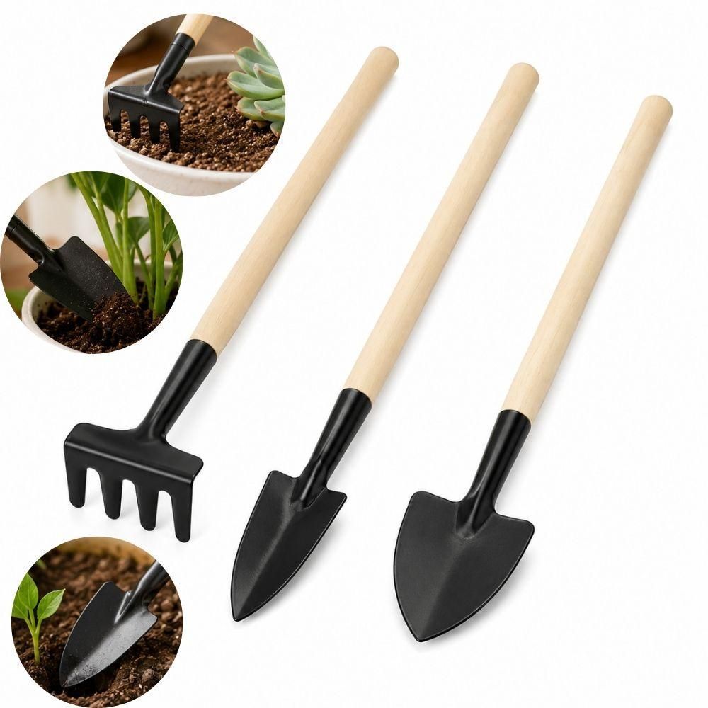 Conjunto de Ferramentas de Jardinagem Kit 3 Peças Cabo de Madeira Mini Ancinho e Pá Transplantadora Yeet