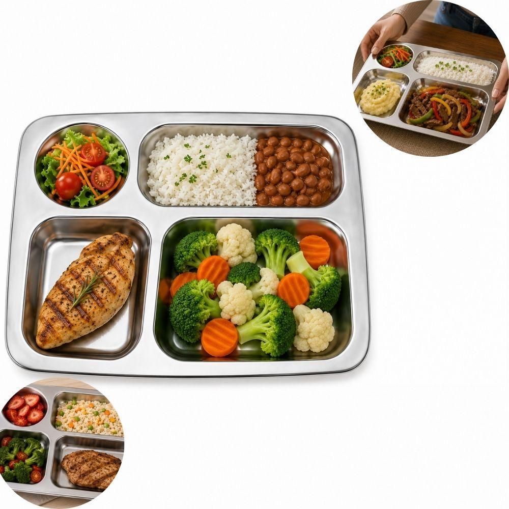Bandeja Inox 4 Compartimentos Aço Inox Organizadora para Refeitório Restaurante Buffet Petisqueira Inox Yeet 29CM