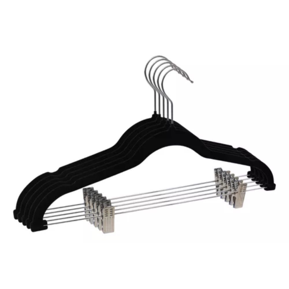 Cabide Slim Veludo Preto com 10 Presilhas Plástico Revestido com Veludo Flocado e Gancho de Metal Cromado Antideslizante