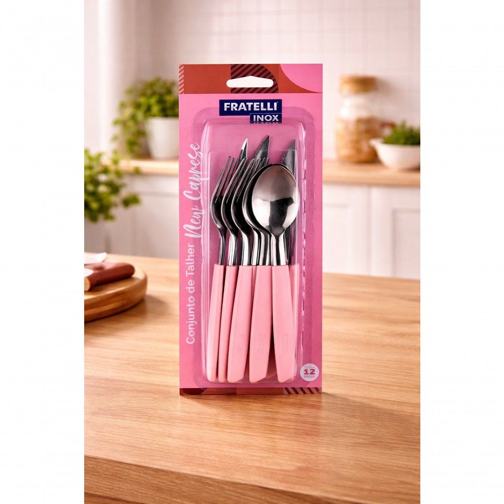 Conjunto Talheres New Caprese 12 Peças Inox e Plástico para Mesa Posta Rosa Fratelli