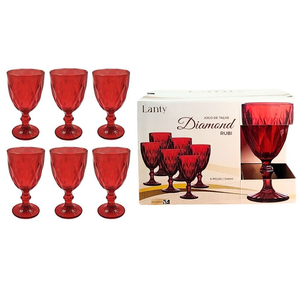 Jogo de Taças Diamond Rubi 6 Peças Elegante com Corte de Diamante Vidro Resistente para Ocasiões Especiais Vermelho Ke