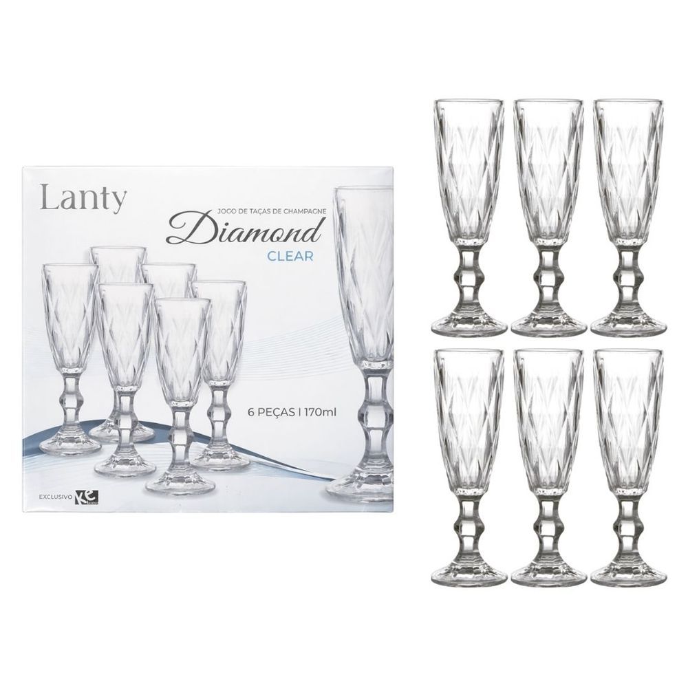 Jogo de Taças Champagne Diamond Clear 6 Peças 170ml Vidro Elegante Resistente para Jantar Bebidas Transparente Ke Home