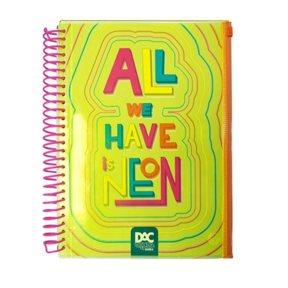 Caderno Universitário DAC Bubble Neon 160 Folhas Tamanho Próximo ao A4 com Malote Zip Amarelo 23CM