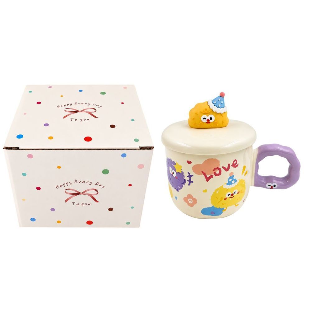 Caneca Happy de Cerâmica com Tampa Design Divertido para Presente Roxo Lila Home 9CM 350ML