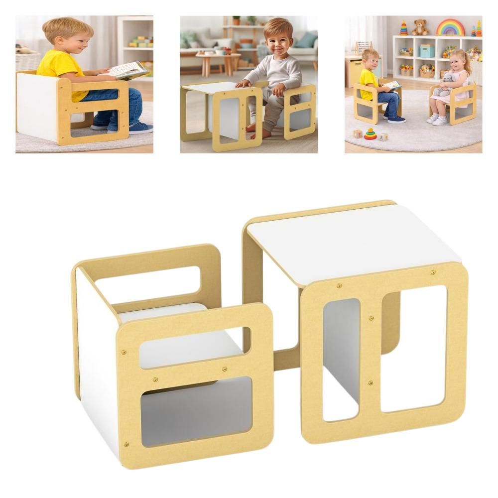 Conjunto de Móveis Infantil 2 em 1 com Design Multifuncional Mesa e Cadeira Cubo Montessori Amadeirado Yeet