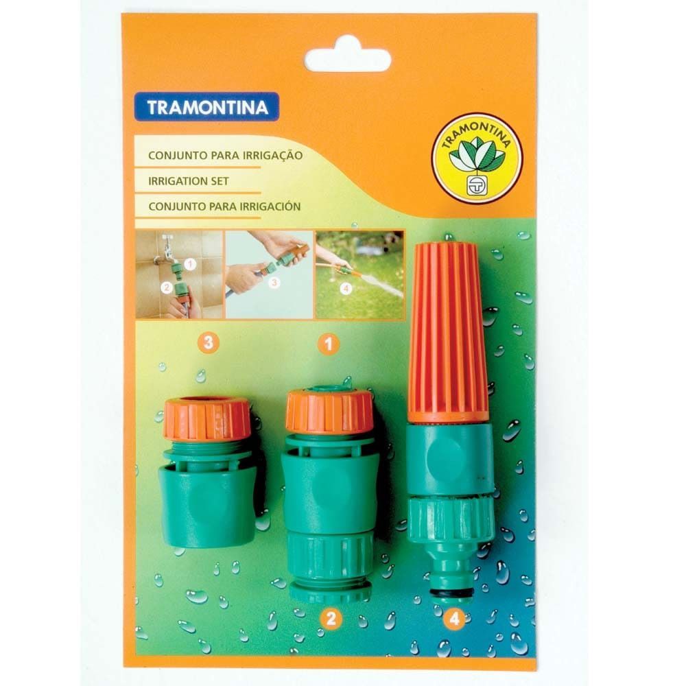 Conjunto para Irrigação com Engates Rápidos 4 Peças Modelo Irrigacao Jato Regulável e Bloqueio de Água Verde Tramontina