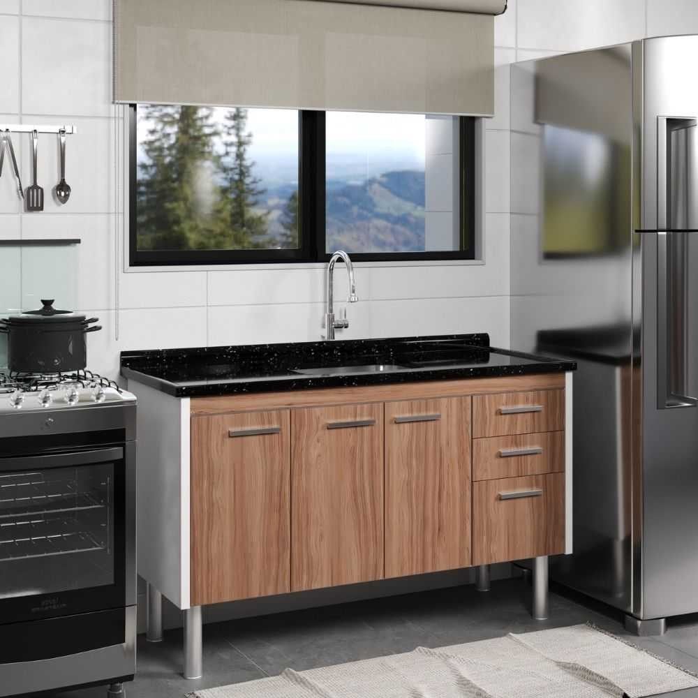 Gabinete de Cozinha Valenza 2 Portas 3 Gavetas Madeira 144CM Nogal Sevilha AJ Rorato
