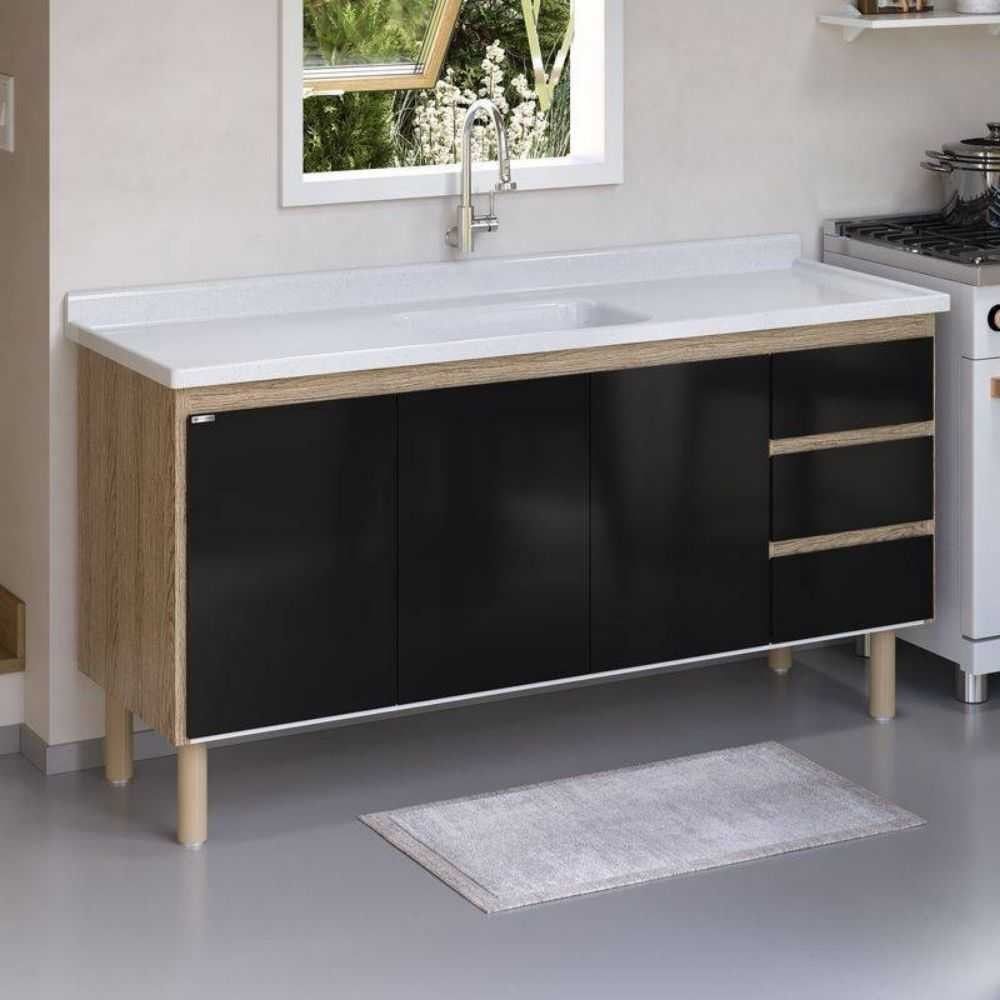 Gabinete de Cozinha Atenas 4 Portas 2 Gavetas MDF 154CM Preto AJ Rorato